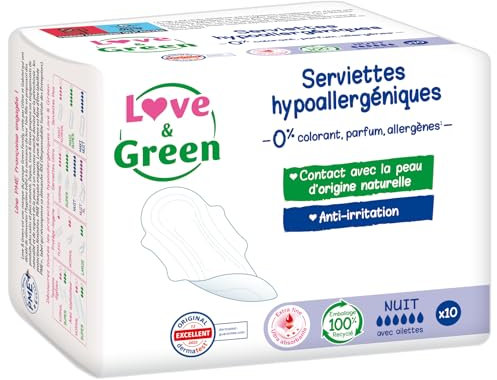 Love & Green Serviettes hygiéniques, écologiques et hypoallergéniques - certifiées Ecolabel et Dermatest - NUIT x 10 : Sans colorant, parfum, allergènes
