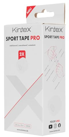 Kintex Sport Tape PRO - set di 2 o set di 32, non elastico, 100% cotone, 3,8 cm x 10 m, strappabile, delicato sulla pelle, stabilizzazione per ginocchia/mani/dita, bianco (2 Rotoli)