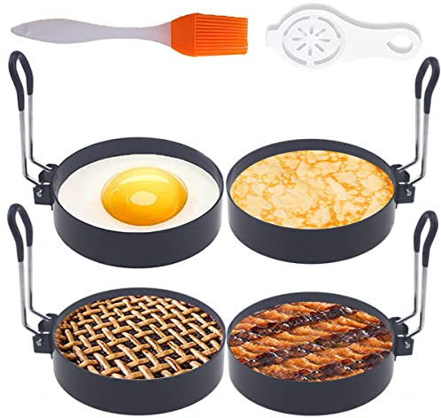 Egg Ring,4 Packs Upgrade Large 4 Egg Rings for Griddle Frying Egg,Non-stick Stainless Steel 4 Inch Griddle Egg Ring Round Egg Cooker Pancake Ring Cooking Ring for Muffin with Oil Brush Egg Separator