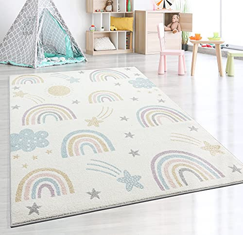 the carpet Beat Kids Moderner Weicher Kinderteppich, Weicher Flor, Pflegeleicht, Farbecht, Regenbogen Muster, Creme-Mix, 140 x 200 cm