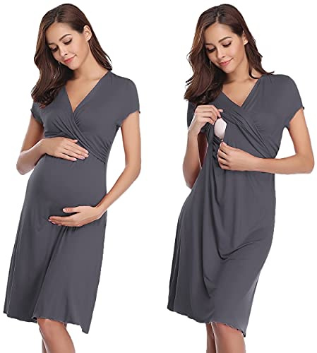 Amningsklänning för kvinnor moderskap nattskjorta amning nattlinne mjuk nattlinne v-ringad pyjamas myskläder för gravid ledig, Mörkgrått, M