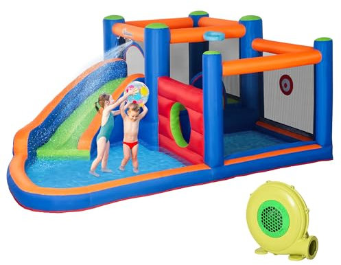 Outsunny Château Gonflable Aire de Jeux jusqu'à 3 Enfants 3-8 Ans avec Toboggan Trampoline piscines souffleur 450W et Sac de Transport Aquatique dim. 380L x 340l x 170H cm - Multicolore