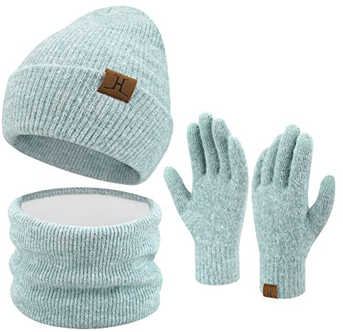 ZASFOU Damen Winter Beanie Mütze Schal Touchscreen Handschuhe Set Warme Wintermütze Loop Schal Schlauchschal Winterhandschuhe Weihnachten Geschenk für Frauen,Lichtgrün