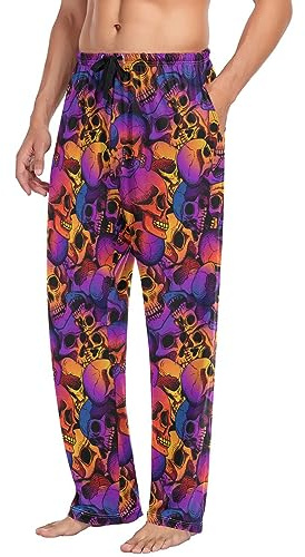 Pyjamasbyxor för män, dödskalle puttern separata underdelar, loungebyxor, avslappnad sovbyxa, multicolored, L