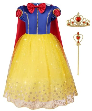 AOMIG Snow Principessa Vestito, Snow Bianco Costume Principessa Carnevale Costumi con Corona e Scettro Principessa Bambina, Bianco Neve Costumi con Mantello per Ragazze Natale Halloween Cosplay,110cm