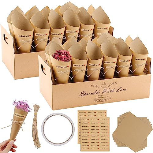 Lot de 60 cônes de riz de mariage en papier kraft avec 2 boîtes porte-papier pour mariage, décoration, fête, cérémonie, pétales et confettis