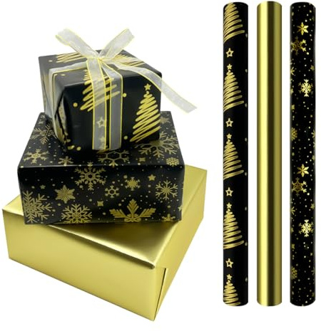 YUHGENWI 3 rouleaux de papier d'emballage cadeau, 16,9 pouces x 10 pieds, métallisé et brillant, design de Noël, recyclable, parfait pour les anniversaires, les fêtes et les décorations de cadeaux