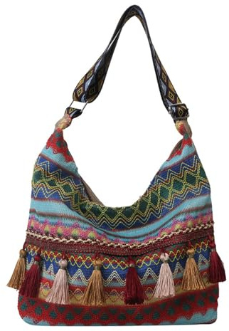 Umimiss Macrame Bag Blue - Traw Handtaschen für Damen, Hippie-Tasche, Boho-Tasche, Bohemian, Ethnic, Crossbody Bags, bunt, Quasten, Vintage, Ethnic Tribal, bestickt, Quaste, Sling Crossbody, Hippie