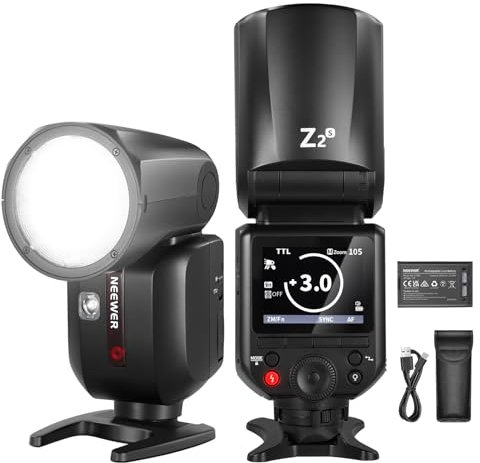 NEEWER Z2-S 2.4G TTL Flash Speedlite Cabeza Redonda Compatible con Sony, Flash HSS 76Ws 1/8000s con Mejorada UI, 2 Lámpara Modelar, Interruptor TCM rápido TTL/M, 7,2V/3000mAh Batería, 600 Flash Power