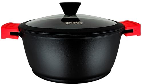 briebe Black Titanium Casseruola da cucina a induzione antiaderente titanio, casseruola 16 cm, alluminio pressofuso, rivestimento senza PFOA, coperchio in vetro, manici in silicone rimovibili, piano