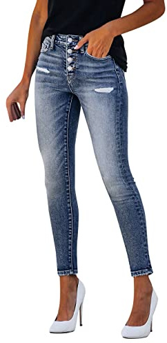 Jeans Femme Jeans Slim Fit pour Femme avec Boutons et déchirés Femme Jean Slim Jean Taille Haute Femme Push Up (Dark Blue, S)