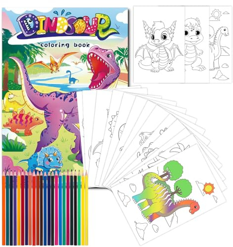 Fzyisw Livres de coloriage dinosaures pour enfants de 60 feuilles, différents motifs, livre de coloriage avec crayons de couleur en 24 couleurs, livres de coloriage pour enfants de 2, 3, 4 à 8 ans