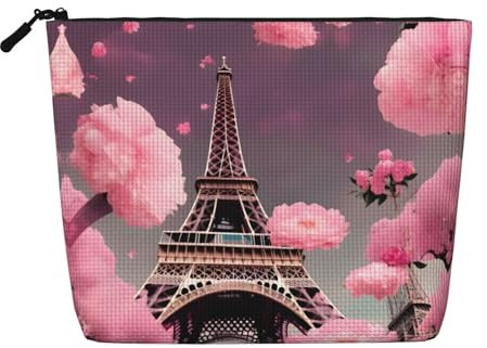 YQxwJL Beauty case Paris Street Torre Eiffel rosa stampa floreale borsa per cosmetici organizer con cerniera carino astuccio da viaggio borsa da toilette, nero, Taglia unica