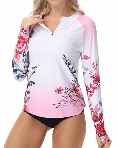 Maillot de bain Rashguard pour femme UPF 50+ fermeture éclair 1/4, manches longues, protection UV, sans bas avec trou pour le pouce, motif floral rose, Taille S