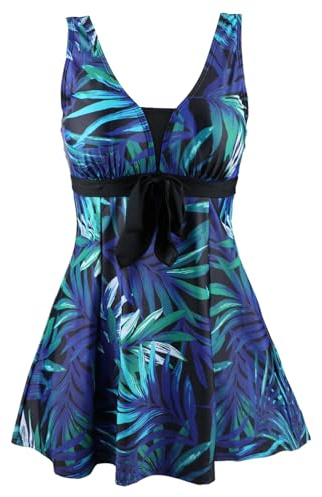 Ecupper Maillot de Bain Une Pieces pour Femme Rétro Jupe avec Volantée Contrôle du Ventre Push Up Col en V