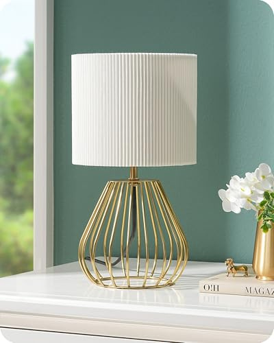 EDISHINE Lámpara de Mesa de Noche con Base de Metal en Forma de Gota de Agua, Pantalla Plisada Color Crema, Bombilla 2700K E14 Incluida, Estilo Industrial, Ideal para Dormitorio, Sala de Estar, Hotel