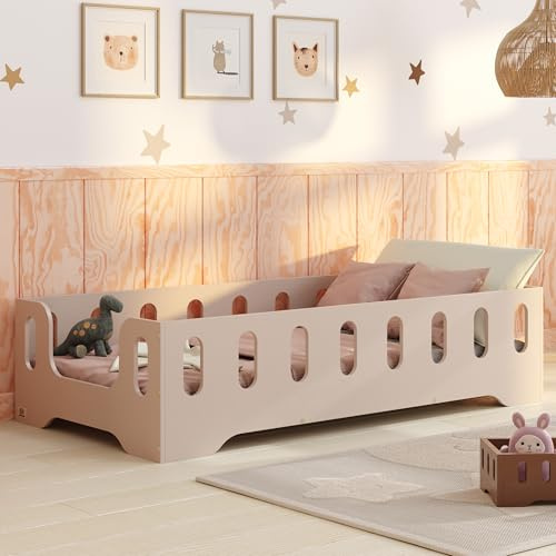 smartwood Golvsäng 60x120 Kashmir - Montessori Barnsäng i trä med FSC-certifikat - TILA 2B med fallskydd och ribbotten, belastningsbar upp till 230 kg - Enkel montering
