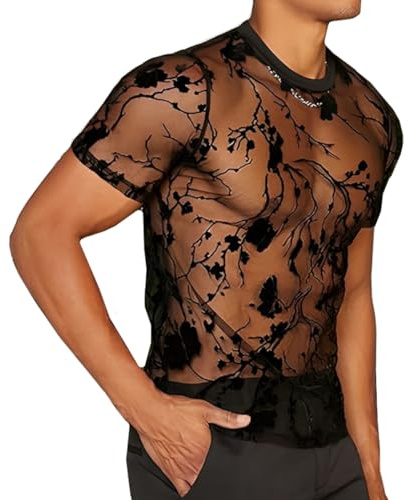 Hybursky Men's Floral Sheer Mesh T-shirt, Sexy Black See Through Crew Neck Short Sleeve Tops Undershirt Transparent Flower Tee Top Skinny Shirts for Party Rave Disco Clubwear Streetwear (L)