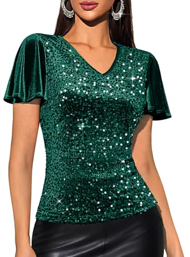 DRESSTELLS Women's Sequin Tops Short Sleeve, V Neck Dressy Velvet Sparkly Blouses, Double Layers Glitter Shirt for Cocktail Party Evening Holiday Concert Outfits, DarkGreen L
