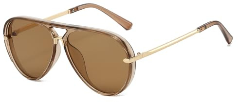 YAMEIZE Gafas de Sol de Piloto Retro para Mujeres y Hombres de los Años 70 Redondas Gafas de Sol Doble Puente de Gran Tamaño con Montura de Metal UV400 (Braun/Hell Braun)