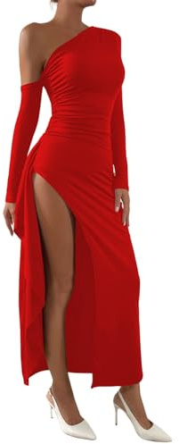 Zesoyne Womens Sexy Maxi Dress One Off the Shoulder Long Sleeve Side Slit A-line Long Dresses for Party Cocktail Wedding M Red