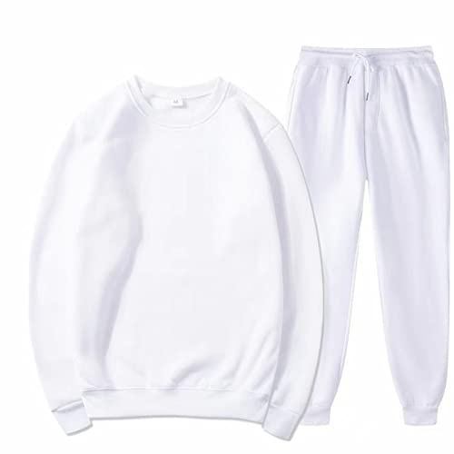 Generisch Tuta da jogging da uomo, oversize, senza cappuccio, tuta da casa, felpa e pantaloni da jogging, set da 2 pezzi, biancheria da notte in tinta unita, tuta sportiva, 2 pezzi, bianco, L