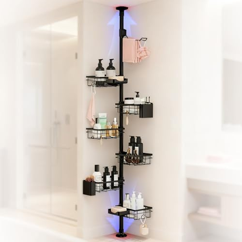 RETSAMV Étagère De Douche sans Perçage Télescopique en Acier Au Carbone avec Porte Gel Douche Et Étagère À Savon, Shower Caddy Salle De Bain