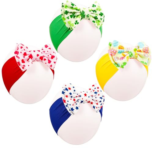 ViEinkaufen 4PCS Baby Girl Headbands with Bows-Easter Egg, Clover, Star & Heart Designs,Soft Nylon Headbands for Newborn Toddler Girls,No-Mark Hair Accessories for Photography & Gift