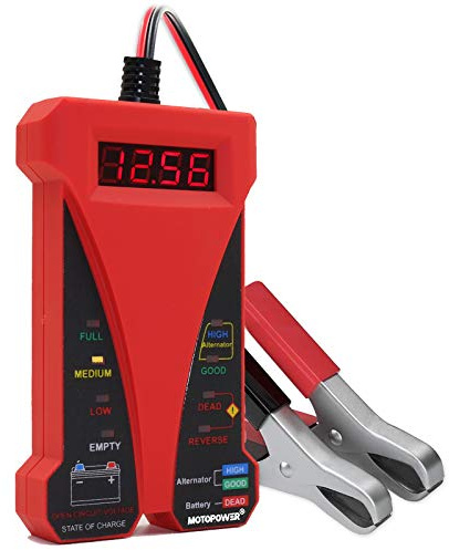 MOTOPOWER MP0514C 12V Digital Battery Tester Voltmeter and Charging System Analyzer with LCD Display and LED Indication - Red Rubber Paint