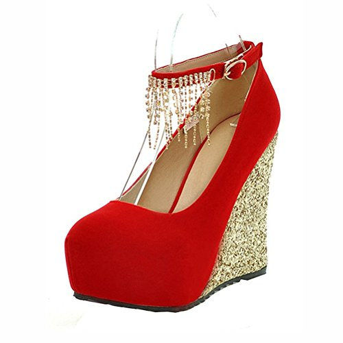 Agodor Womens Wedge High Heel Platform Ankle Strap Court Shoes Glitter Closed Toe Pumps (UK8, red)