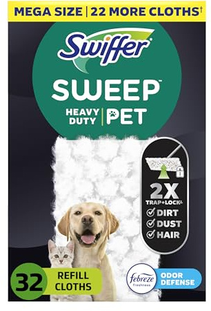 Swiffer Sweeper Pet, Heavy Duty Dry Sweeping Cloth Refills with Febreze Odor Defense, 32 Count