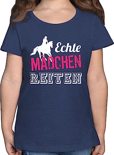 T-Shirt - Pferd Pferde - Echte Mädchen reiten - 164 (14/15 Jahre) - Dunkelblau Meliert - reitbekleidung reitkleidung reitsachen Horses Shirt Kinder REIT Oberteile reittshirts