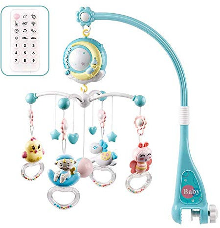 CALISTOUK Móvil Musical para Cuna de Bebé con Mando a Distancia Luz de Estrellas Campanilla Decoración Sonajero para Cama Juguete Proyector de Cuna para Bebés Recién Nacidos