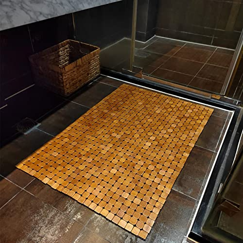 HJJKKH Bath Mat Wooden Bathroom Rug Rayon Derived from Bamboo 23.6x 35.4, Quick Dry Foldable Non-Slip Wood Floor Shower Mat for Bathroom, Bathtub, Spa, RV, Sauna, Hot Tub, Indoor & Outdoor Use