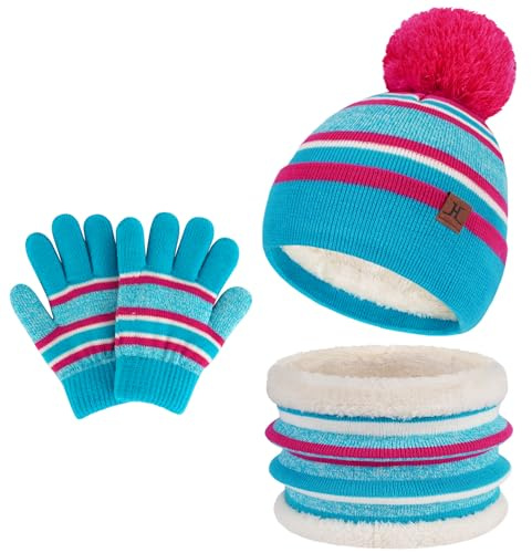 Enfants Hiver Tricoter Chaud Bonnet Chapeau Echarpe Gants Ensemble pour Garcon Fille 2-7 Ans avec Doublure Polaire Pompon, Bleu Ciel