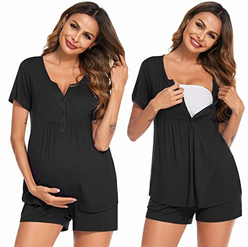 Ekouaer Women's Maternity Nursing Pajamas Shorts Set Summer Nursing Sets Soft Labor Delivery PJS(Black,Medium)