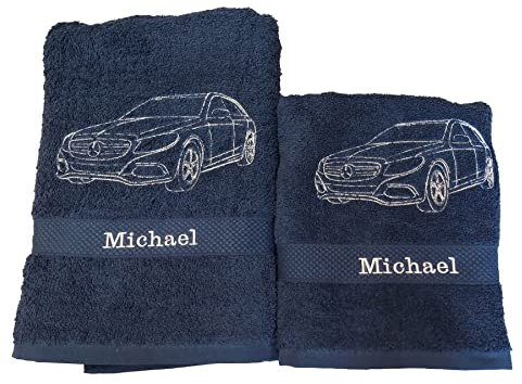 Handtuch Duschtuch, SET Geschenk Mercedes Baumwolle bestickt, personalisiert NEU (schwarz)