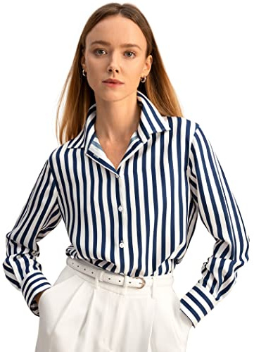 LilySilk Damen Reine Seide Hemd Damen blau weiß Nadelstreifen Bluse mit V-Ausschnitt und Langarm für Arbeit lässig Frühling Sommer Herbst(Blau-Weiß-Nadelstreifen,S)