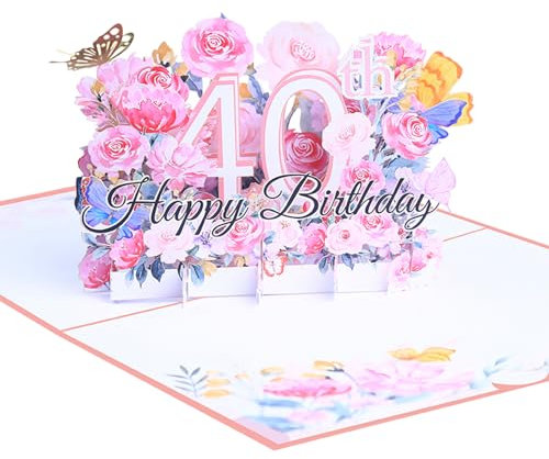 ENLACE Födelsedagskort 40, 3D blomma popup-kort födelsedag gratulationskort, födelsedagskort med kuvert och anteckningskort födelsedagspresent för kvinnor mödrar flickor män vänner