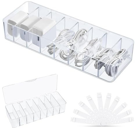 Yuqilin Cable Organizer,Organizadora Cables con Tapa Escritorio Caja Guarda 8 Compartimentos & 10 Bridas Caja Organizadora Transparente Plástico,para Almacenamiento Escritorio Oficina