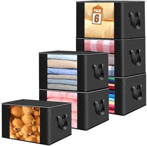 UCAMP Cajas Almacenaje Ropa 6 Piezas, Bolsas Para Guardar Ropa no Tejido de Gran Capacidad, Bolsas Almacenaje Ropa con Cremallera y Mango Reforzado Suéteres, Abrigos, Mantas, 90L, negro
