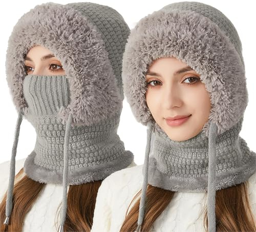 crazy bean Pasamontañas Invierno Mujer Cálido Sombrero con Cordón Gorro Invierno con Capucha Bufanda Balaclava Multifuncional Beanie Skull Cap para Clima Frío Esquí