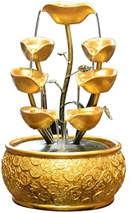 Gold Leaf Flowing Water Tabletop Fountain with Chinese Gold Coin Pattern-Decorative Desk Fountain for Home or Office Decor - Pump Included