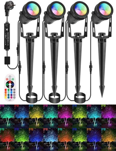 ECOWHO RGB Gartenstrahler mit Fernbedienung und Timer, IP65 Wasserdichte Gartenbeleuchtung mit Strom, 15M RGB Gartenleuchte mit Erdspieß für Garten, Bäume, Wege, Party Teich (4er-Set)