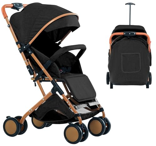 OHMG Barnvagn 25 kg, 0–4 år, hopfällbar, justerbar, ryggstöd till liggande, med korg, snabbfällningssystem, myggnät, axelrem