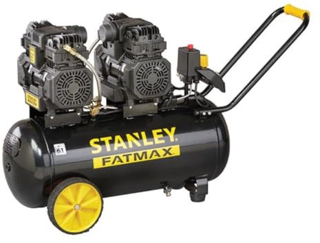 Stanley Fatmax Compresor, 50 litros, 8 bar, silencioso sin aceite, modelo horizontal, 3 cv, 320 l/min caudal de aire, portátil, negro amarillo, apto para inflado y herramientas neumáticas