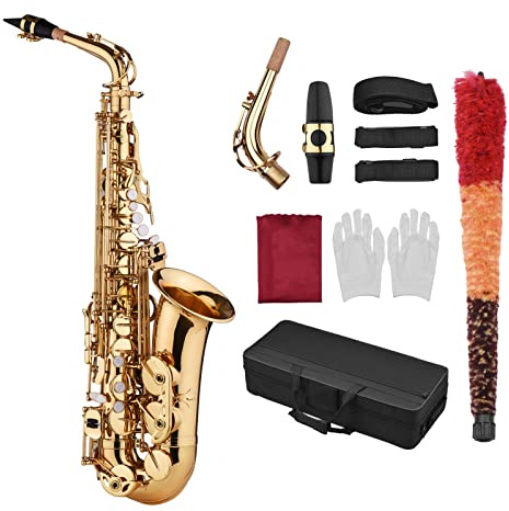 Saxophone alto Eb en laiton avec motif gravé, avec embouchure en plastique, gants, chiffon de nettoyage, brosse et sangle inclus