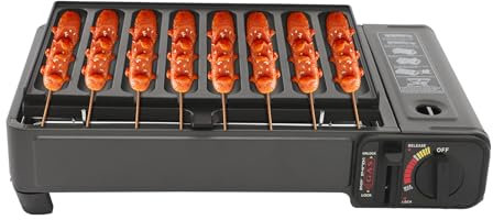 Bärbar gasgrill, bordsgrill, camping, grillset för 8 korvar, butan grillkokare med avtagbar fettuppsamlingsskål och bärväska för grillfester, picknick, husbil (svart)