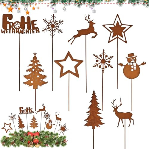 Lets Joy Arrugginito Spina da Giardino, 8PCS Ruggine Decorazioni Giardino per Natale, Natale Decorazioni per il giardino, Renne Stelle Albero di Natale Decorazione da Giardino