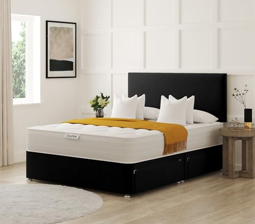 COZY HUB LTD Plain Plush Velvet Divan Bed with 10 Inch Ortho Tufted Mattress & Headboard – Luxury Divan Set with Drawer Storage Options. (Black, 4Ft- 2 Drawers)